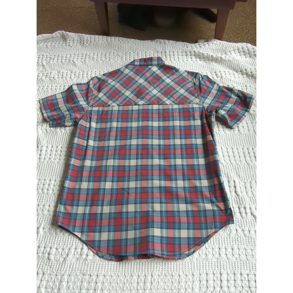 Filson Twin Lakes Sport Shirt Plaid Vented Short Sleeve Button Blue Red Medium